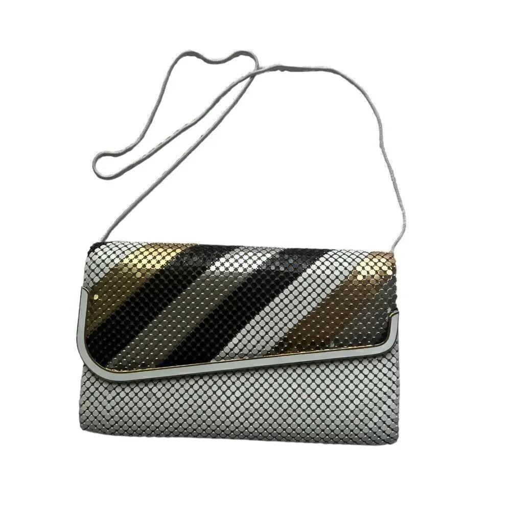 Vintage ELKA Handbag Shoulder Purse White Gold Black Silver Sequin Metal